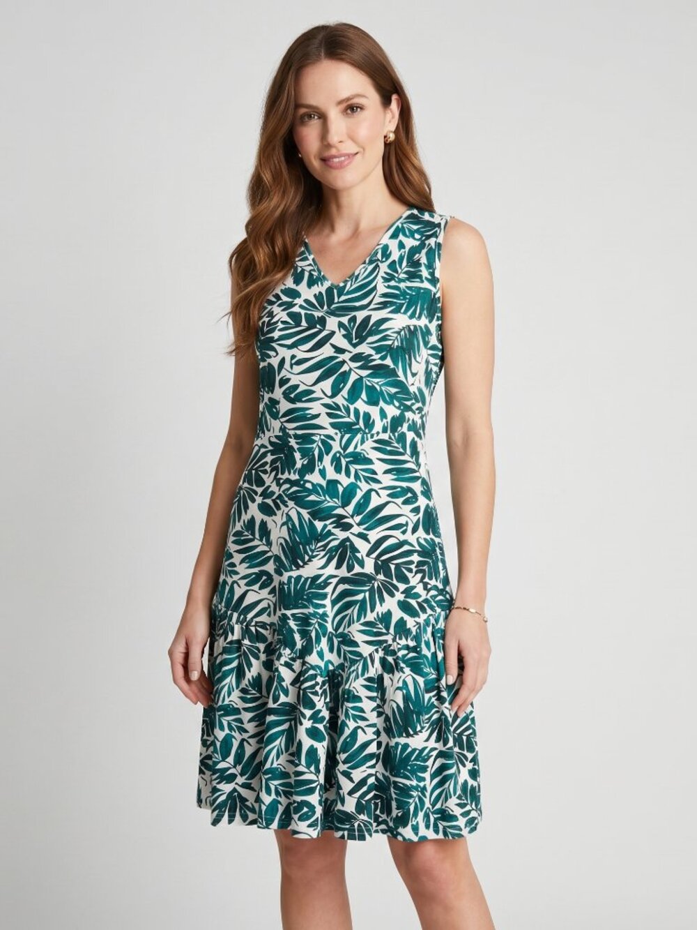 NWOT | Teal & White Tropical Leaf Print V-Neck Dress with Pockets | Medium